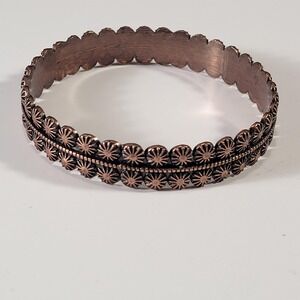 Copper Flower Bangle Bracelet Brown Etched Daisy Design Floral Cuff Jewelry